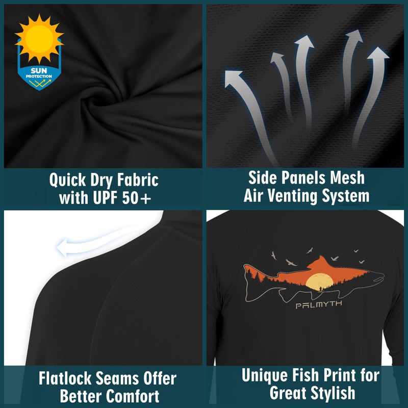 Palmyth Fishing Hoodie for Men Long Sleeve Sun Protection UV UPF 50+ Shirts(Black/Endless Stream - Image 4